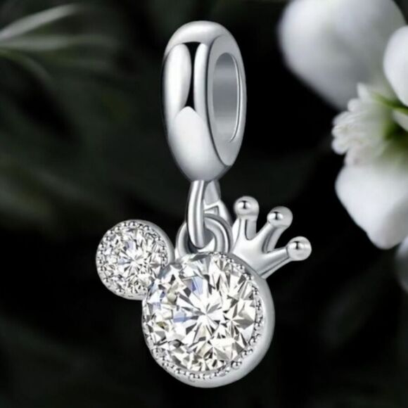 Mickey Mouse Ears Crown Hat Silver Zircon Bling Dangle Charm Pendant Bracelet - Picture 4 of 9